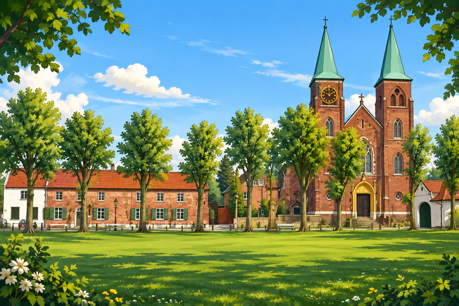 Geillustreerd dorpsbeeld van Austroa.nl met kerk, verenigingen en dorpssymbolen